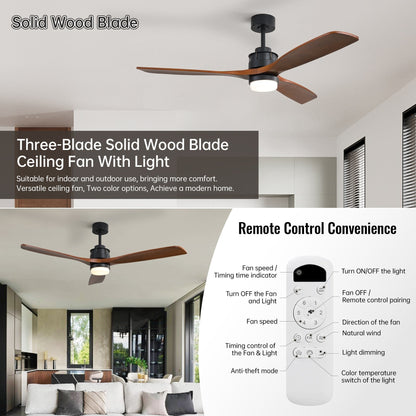 Ventilateur de plafond silencieux en bois de noyer 52/60/48 avec télécommande et éclairage intégré en option