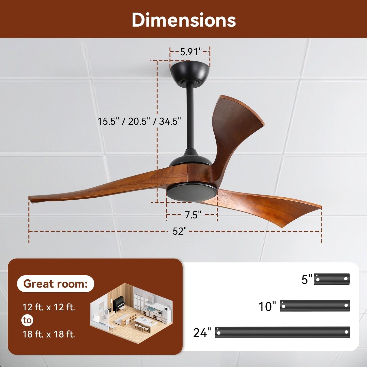 Ventilateur de plafond silencieux en bois de noyer 52/60/48 avec télécommande et éclairage intégré en option