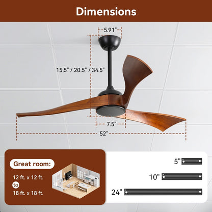 Ventilateur de plafond silencieux en bois de noyer 52/60/48 avec télécommande et éclairage intégré en option