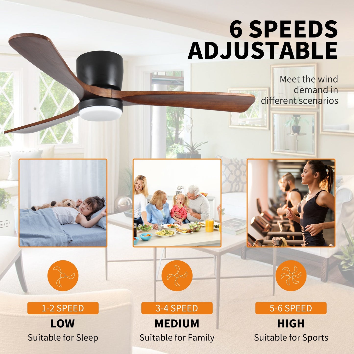 Ventilateur de plafond silencieux en bois de noyer 52/60/48 avec télécommande et éclairage intégré en option