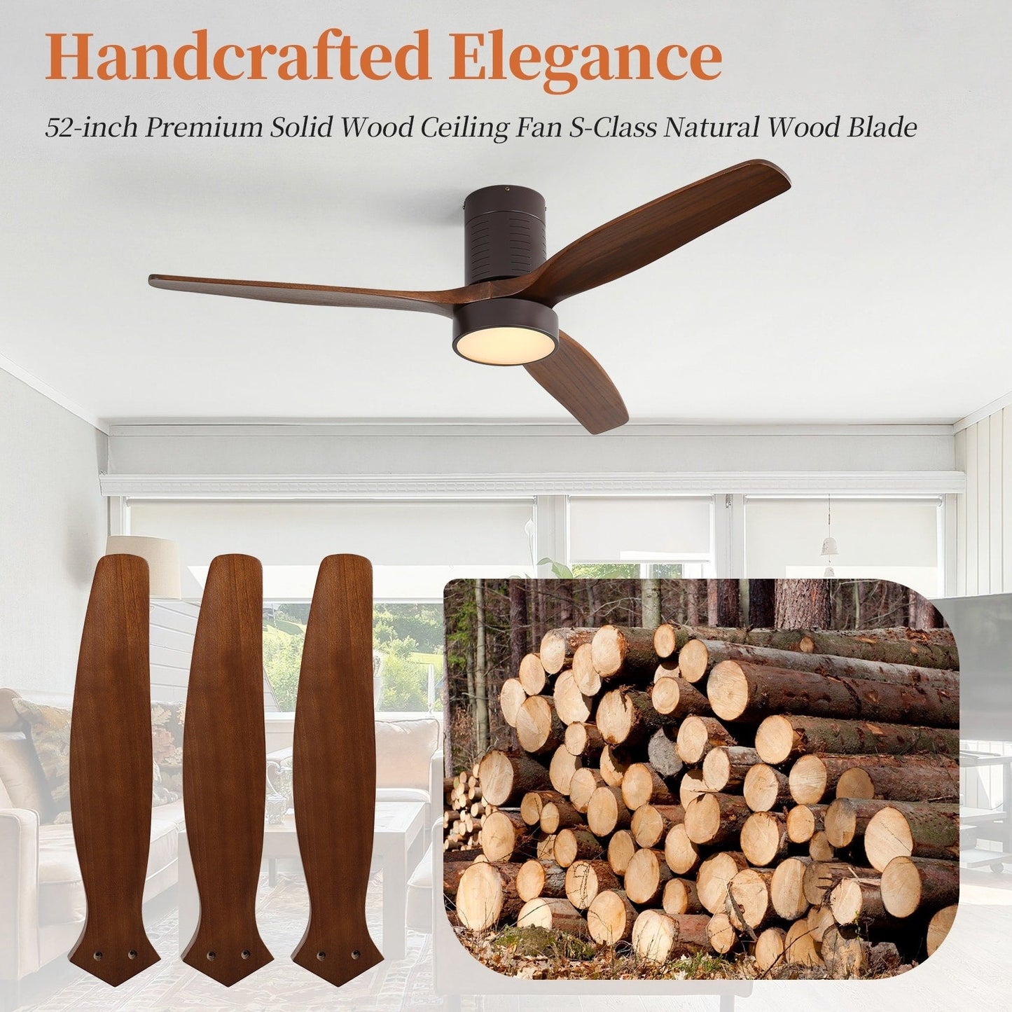 Ventilateur de plafond silencieux en bois de noyer 52/60/48 avec télécommande et éclairage intégré en option