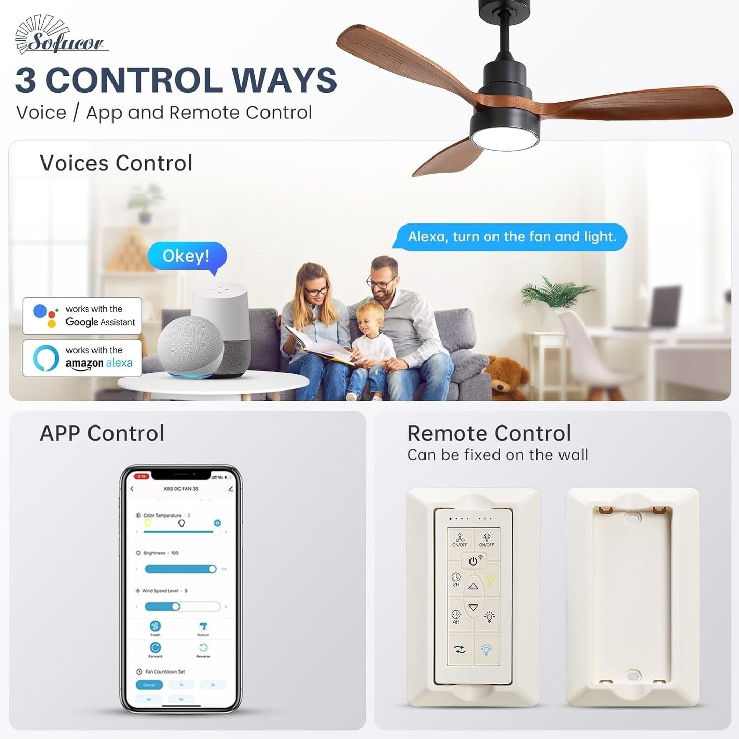 Ventilateur de plafond silencieux en bois de noyer 52/60/48 avec télécommande et éclairage intégré en option