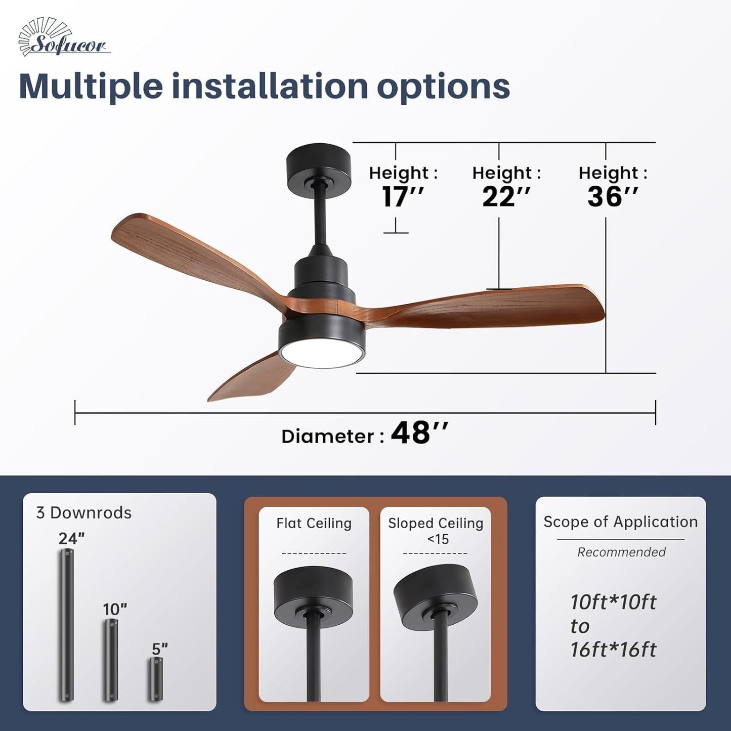 Ventilateur de plafond silencieux en bois de noyer 52/60/48 avec télécommande et éclairage intégré en option