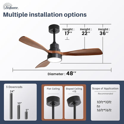 Ventilateur de plafond silencieux en bois de noyer 52/60/48 avec télécommande et éclairage intégré en option