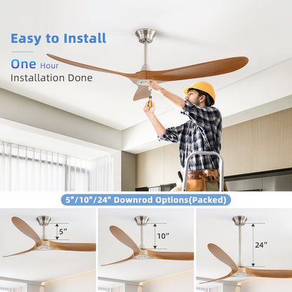 Ventilateur de plafond silencieux en bois de noyer 52/60/48 avec télécommande et éclairage intégré en option