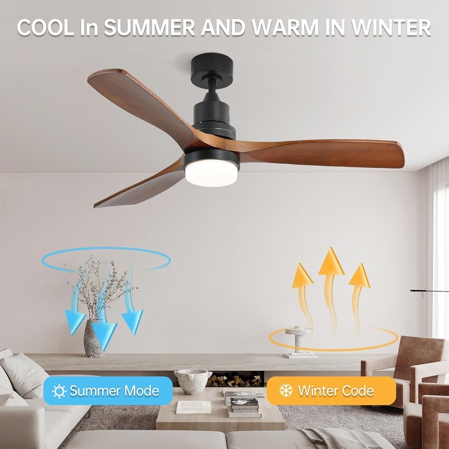 Ventilateur de plafond silencieux en bois de noyer 52/60/48 avec télécommande et éclairage intégré en option