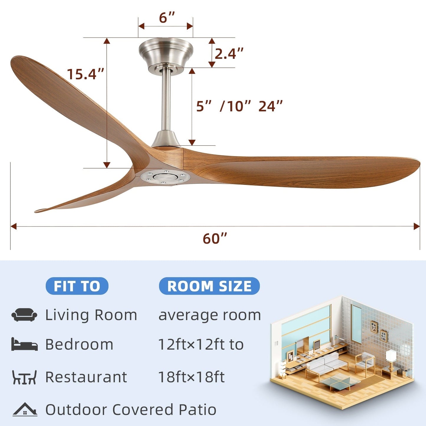 Ventilateur de plafond silencieux en bois de noyer 52/60/48 avec télécommande et éclairage intégré en option