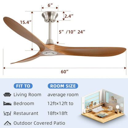 Ventilateur de plafond silencieux en bois de noyer 52/60/48 avec télécommande et éclairage intégré en option