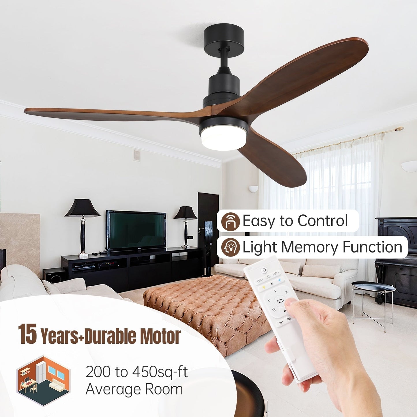 Ventilateur de plafond silencieux en bois de noyer 52/60/48 avec télécommande et éclairage intégré en option