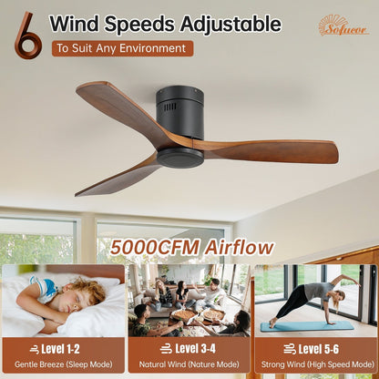 Ventilateur de plafond silencieux en bois de noyer 52/60/48 avec télécommande et éclairage intégré en option