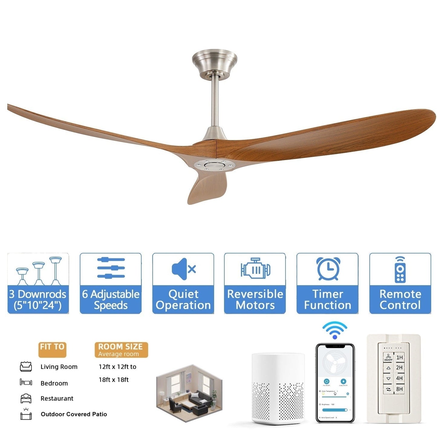 Ventilateur de plafond silencieux en bois de noyer 52/60/48 avec télécommande et éclairage intégré en option