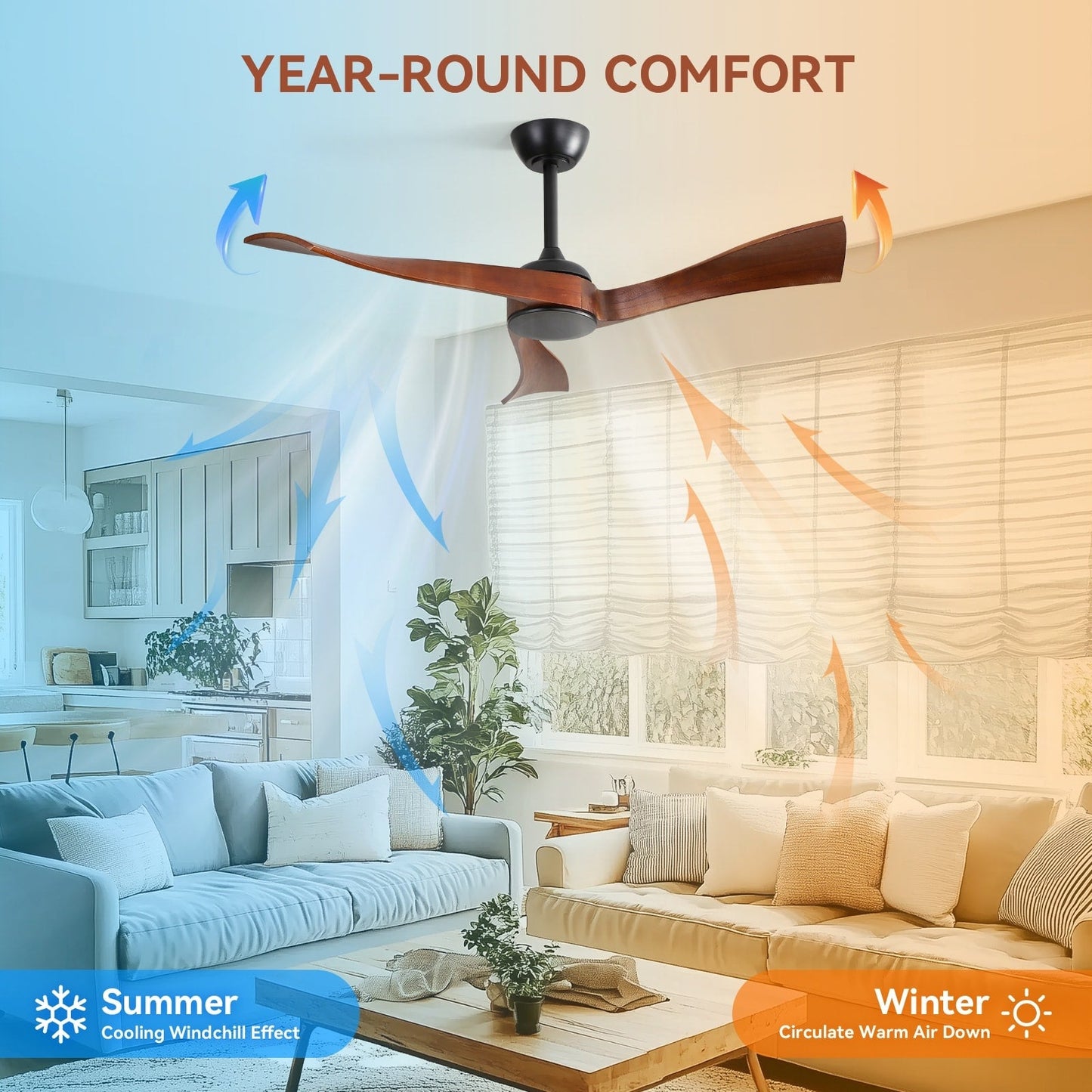 Ventilateur de plafond silencieux en bois de noyer 52/60/48 avec télécommande et éclairage intégré en option