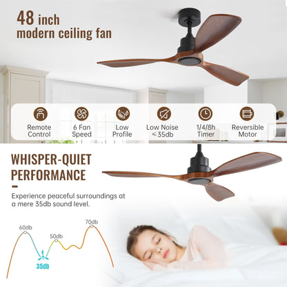 Ventilateur de plafond silencieux en bois de noyer 52/60/48 avec télécommande et éclairage intégré en option