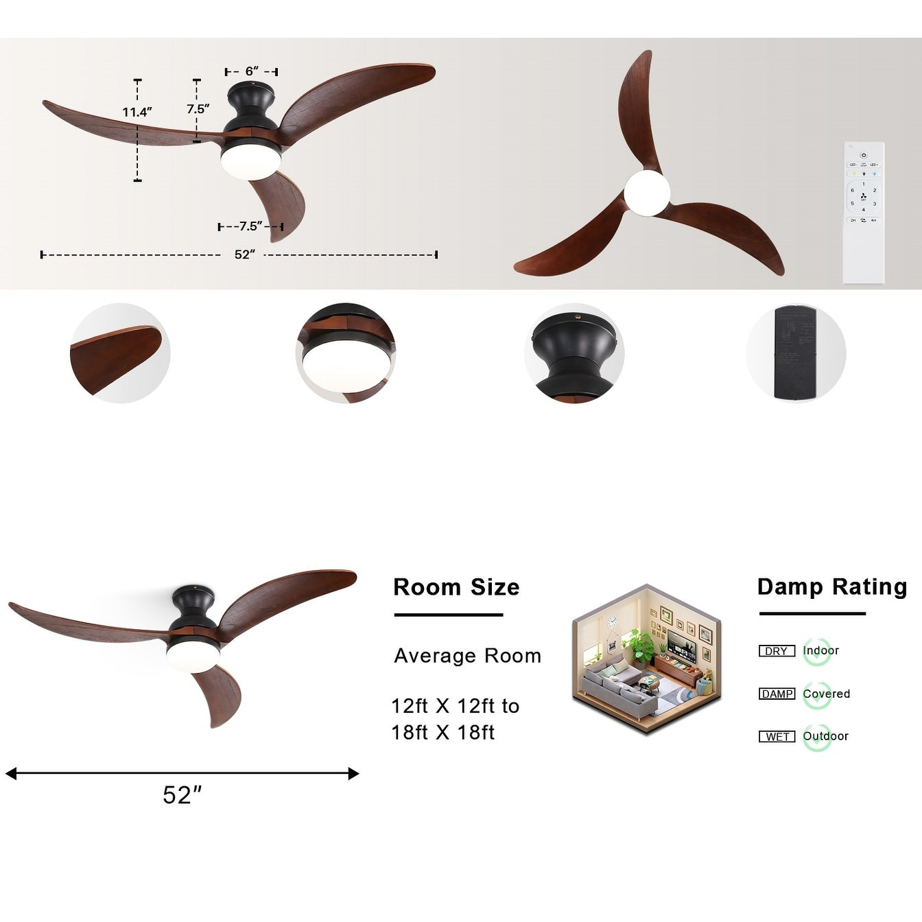 Ventilateur de plafond silencieux en bois de noyer 52/60/48 avec télécommande et éclairage intégré en option