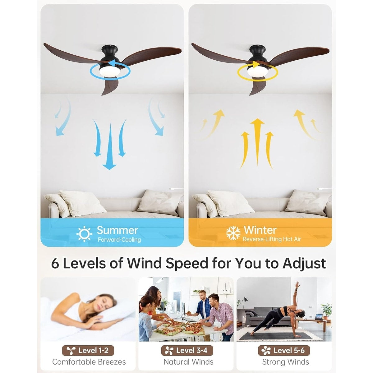 Ventilateur de plafond silencieux en bois de noyer 52/60/48 avec télécommande et éclairage intégré en option