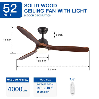 Ventilateur de plafond silencieux en bois de noyer 52/60/48 avec télécommande et éclairage intégré en option