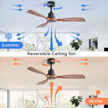 Ventilateur de plafond silencieux en bois de noyer 52/60/48 avec télécommande et éclairage intégré en option