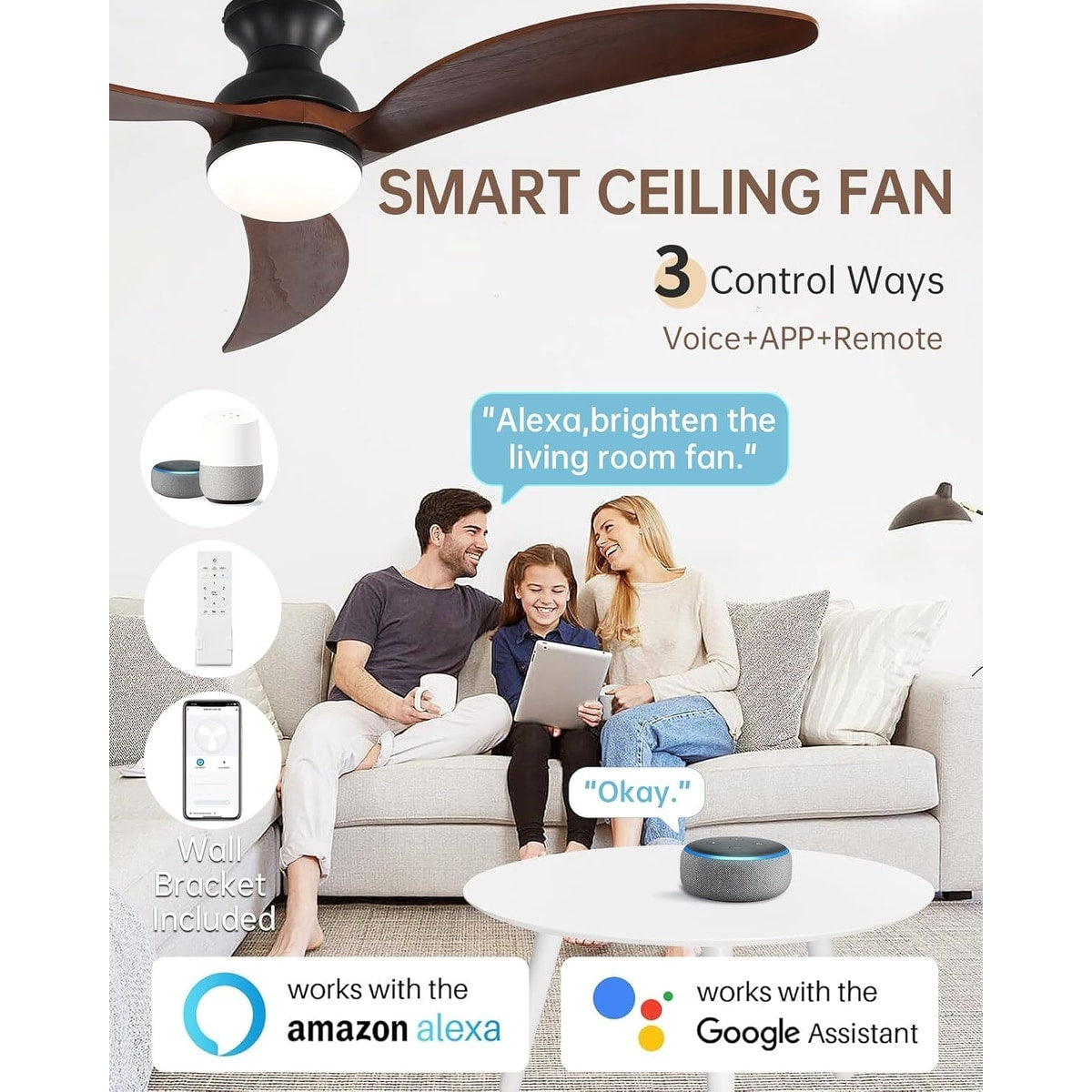 Ventilateur de plafond silencieux en bois de noyer 52/60/48 avec télécommande et éclairage intégré en option