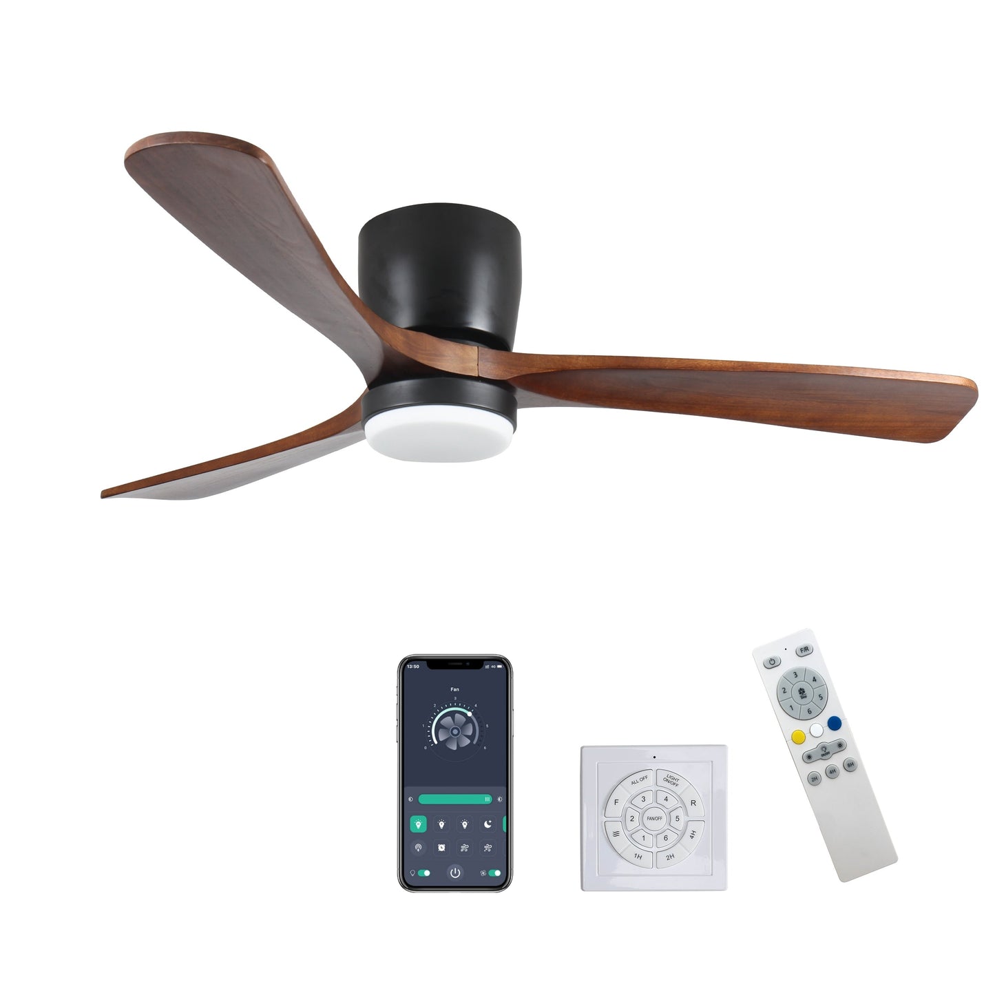 Ventilateur de plafond silencieux en bois de noyer 52/60/48 avec télécommande et éclairage intégré en option