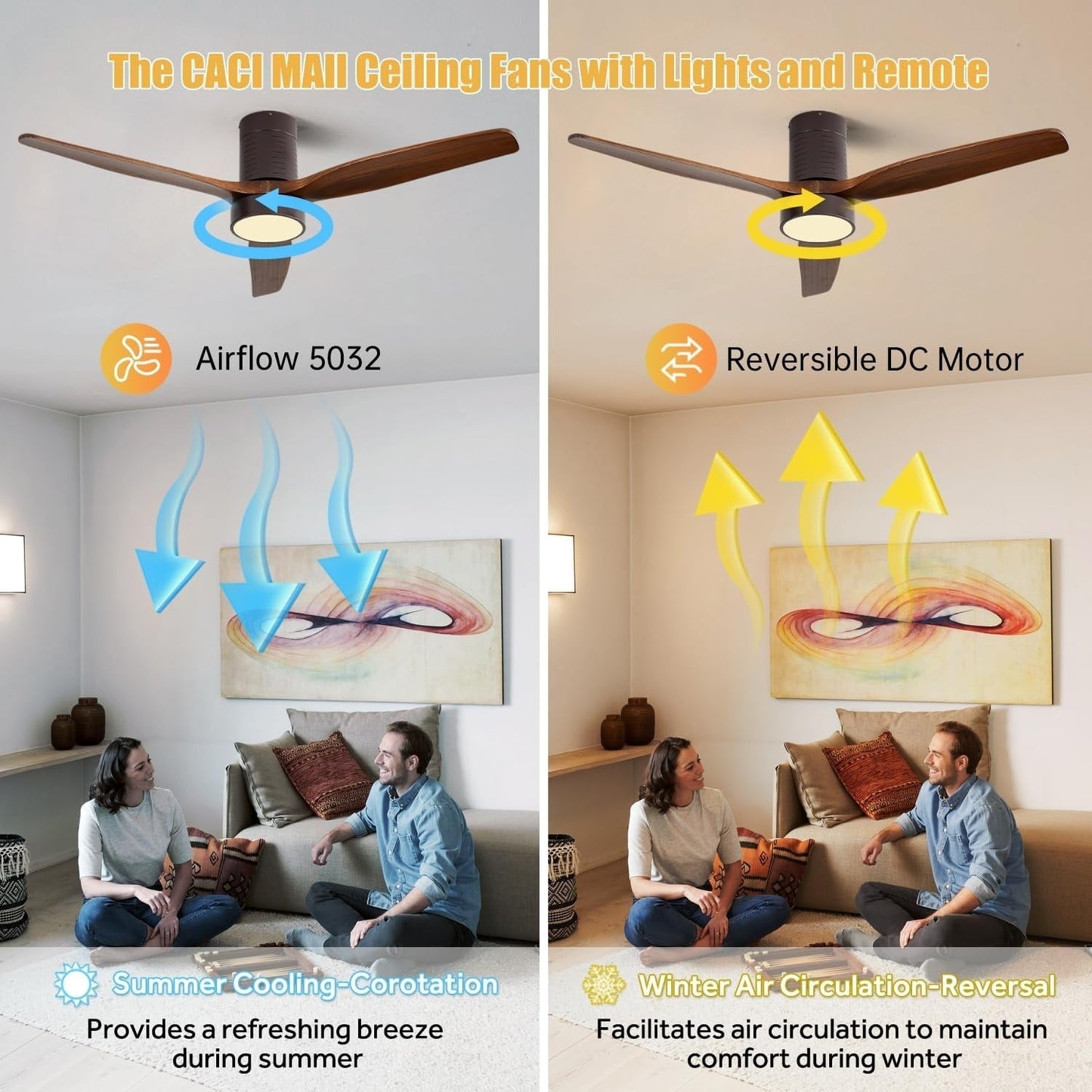 Ventilateur de plafond silencieux en bois de noyer 52/60/48 avec télécommande et éclairage intégré en option