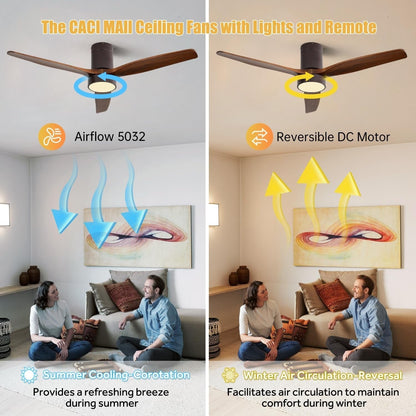 Ventilateur de plafond silencieux en bois de noyer 52/60/48 avec télécommande et éclairage intégré en option