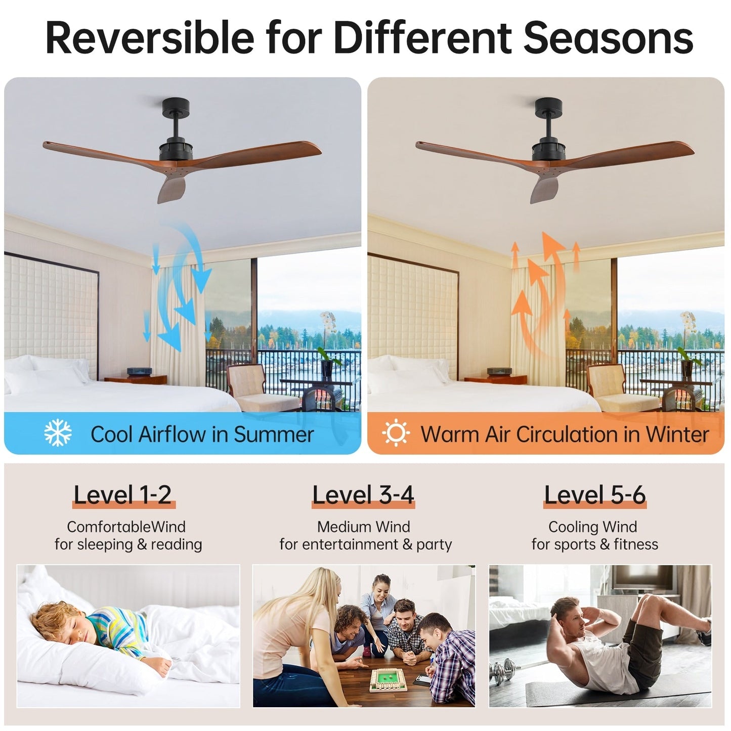 Ventilateur de plafond silencieux en bois de noyer 52/60/48 avec télécommande et éclairage intégré en option