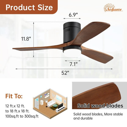 Ventilateur de plafond silencieux en bois de noyer 52/60/48 avec télécommande et éclairage intégré en option