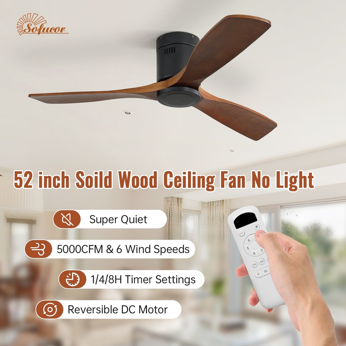 Ventilateur de plafond silencieux en bois de noyer 52/60/48 avec télécommande et éclairage intégré en option