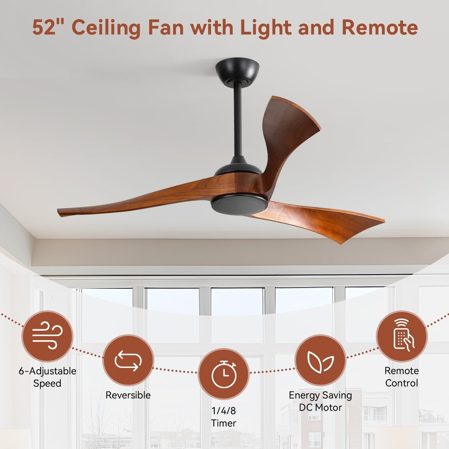 Ventilateur de plafond silencieux en bois de noyer 52/60/48 avec télécommande et éclairage intégré en option