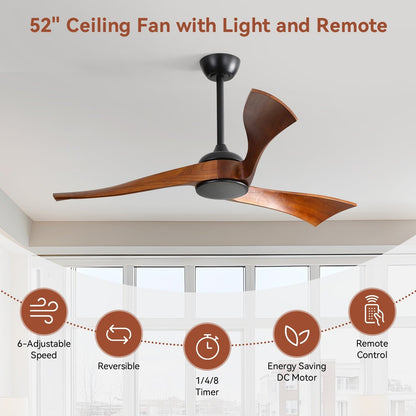 Ventilateur de plafond silencieux en bois de noyer 52/60/48 avec télécommande et éclairage intégré en option
