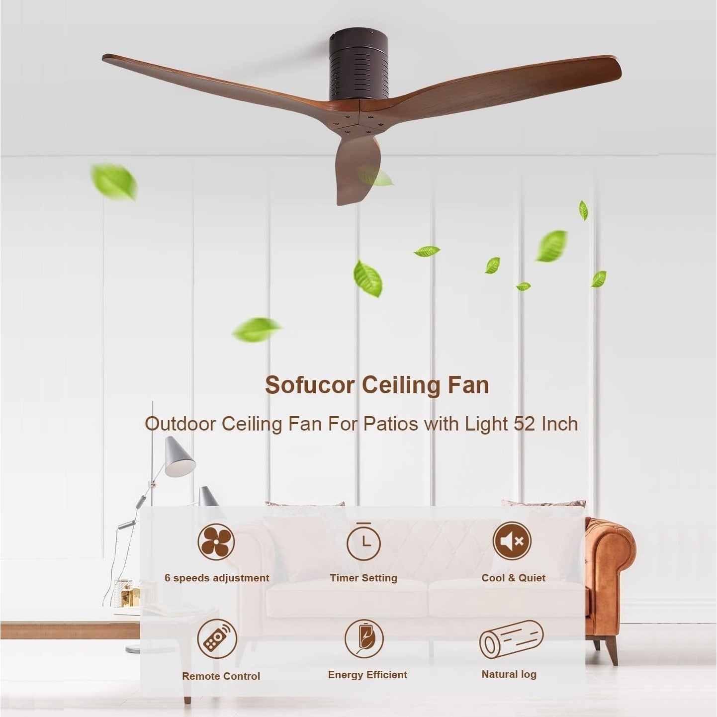 Ventilateur de plafond silencieux en bois de noyer 52/60/48 avec télécommande et éclairage intégré en option