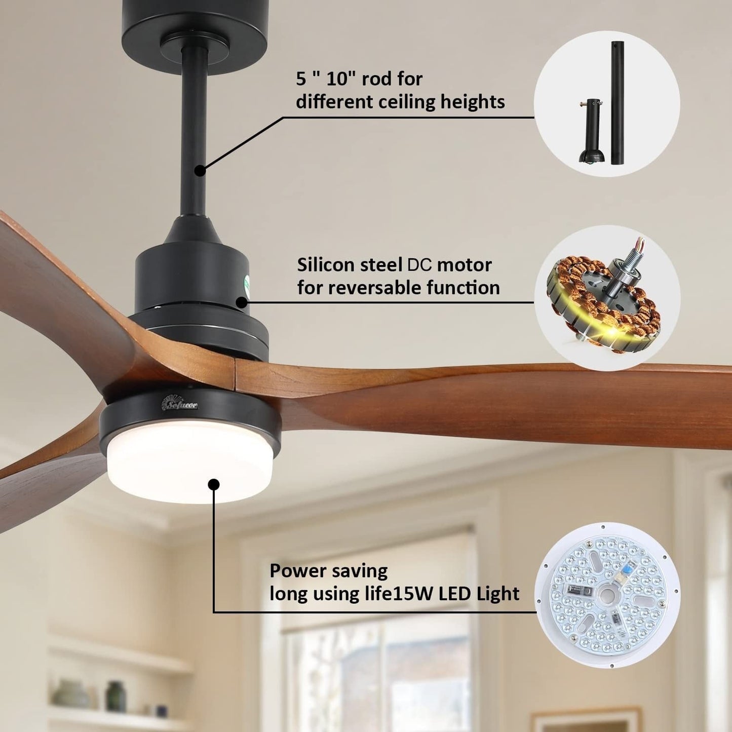 Ventilateur de plafond silencieux en bois de noyer 52/60/48 avec télécommande et éclairage intégré en option