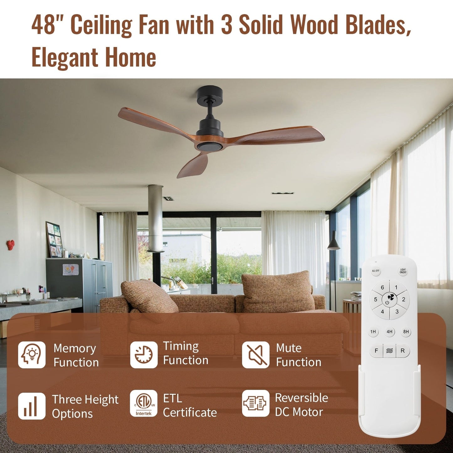 Ventilateur de plafond silencieux en bois de noyer 52/60/48 avec télécommande et éclairage intégré en option