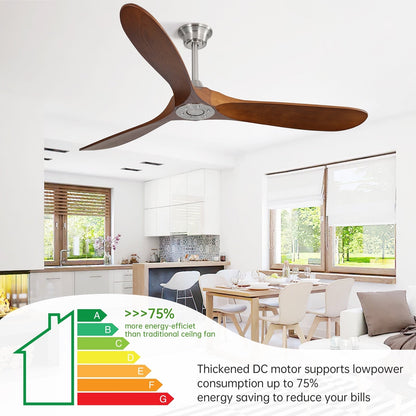 Ventilateur de plafond silencieux en bois de noyer 52/60/48 avec télécommande et éclairage intégré en option