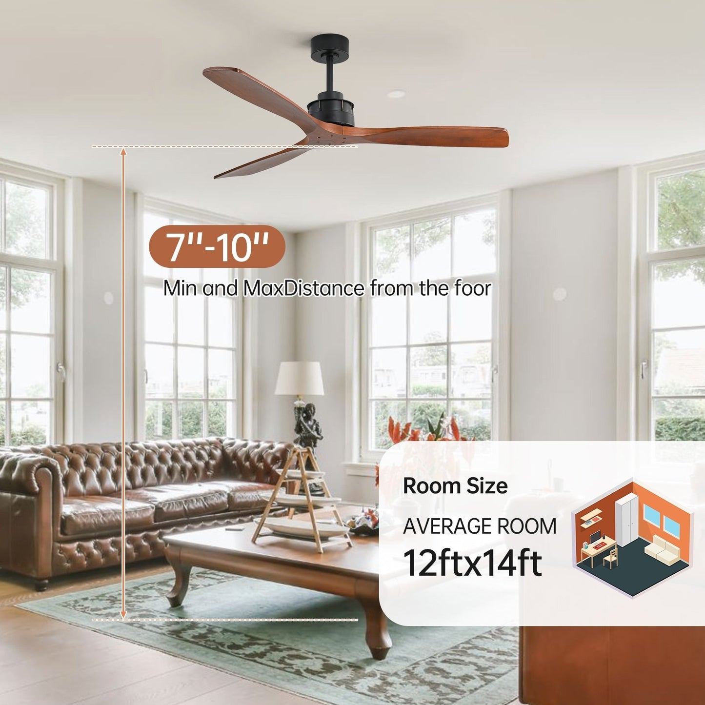 Ventilateur de plafond silencieux en bois de noyer 52/60/48 avec télécommande et éclairage intégré en option