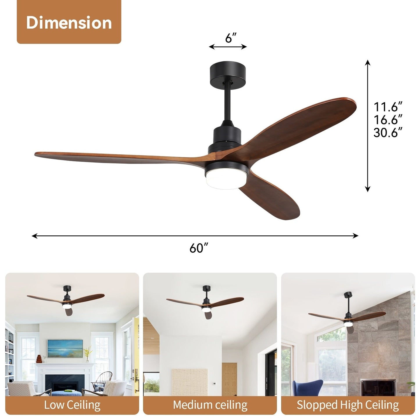 Ventilateur de plafond silencieux en bois de noyer 52/60/48 avec télécommande et éclairage intégré en option