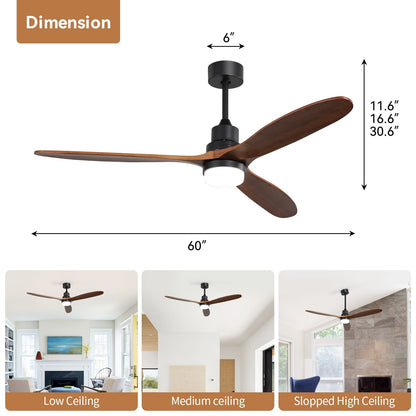 Ventilateur de plafond silencieux en bois de noyer 52/60/48 avec télécommande et éclairage intégré en option