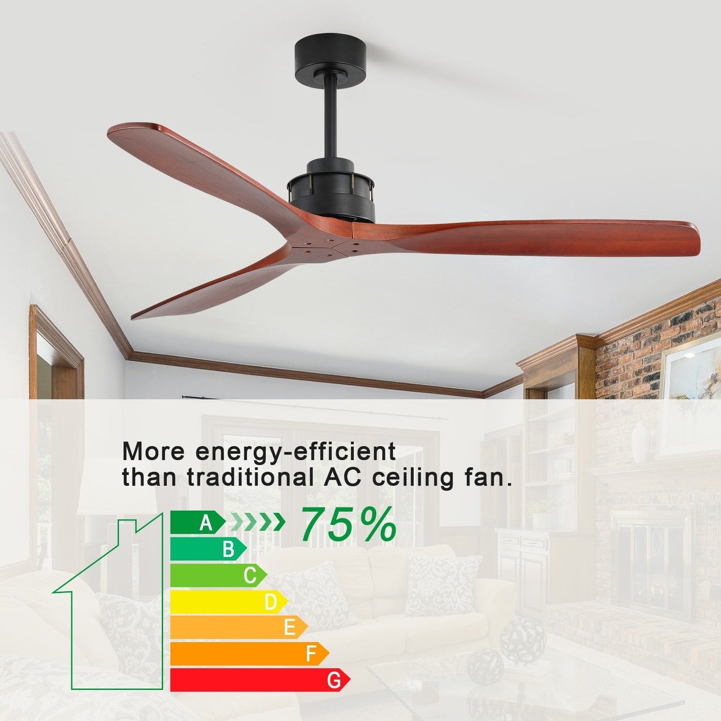 Ventilateur de plafond silencieux en bois de noyer 52/60/48 avec télécommande et éclairage intégré en option