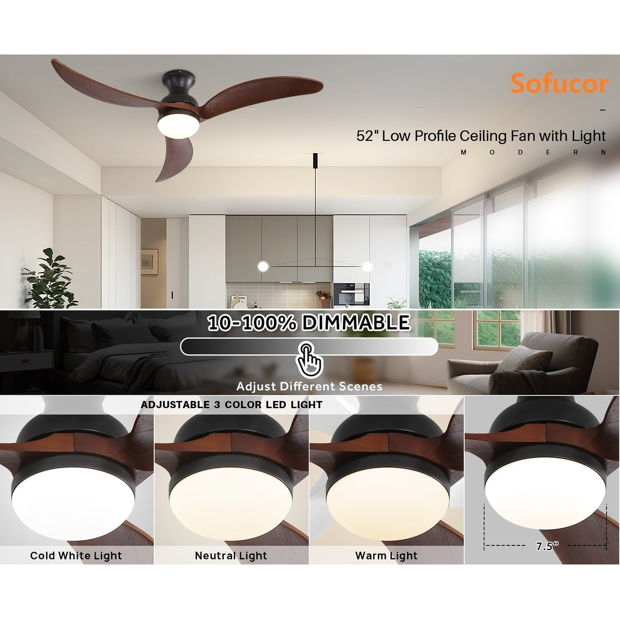Ventilateur de plafond silencieux en bois de noyer 52/60/48 avec télécommande et éclairage intégré en option