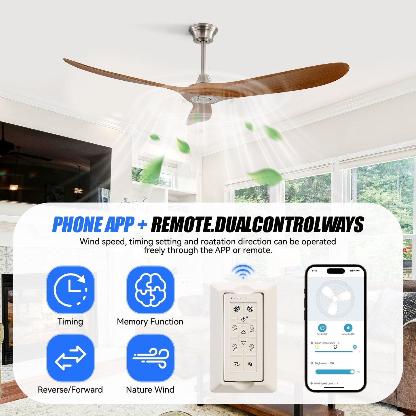 Ventilateur de plafond silencieux en bois de noyer 52/60/48 avec télécommande et éclairage intégré en option