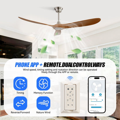 Ventilateur de plafond silencieux en bois de noyer 52/60/48 avec télécommande et éclairage intégré en option
