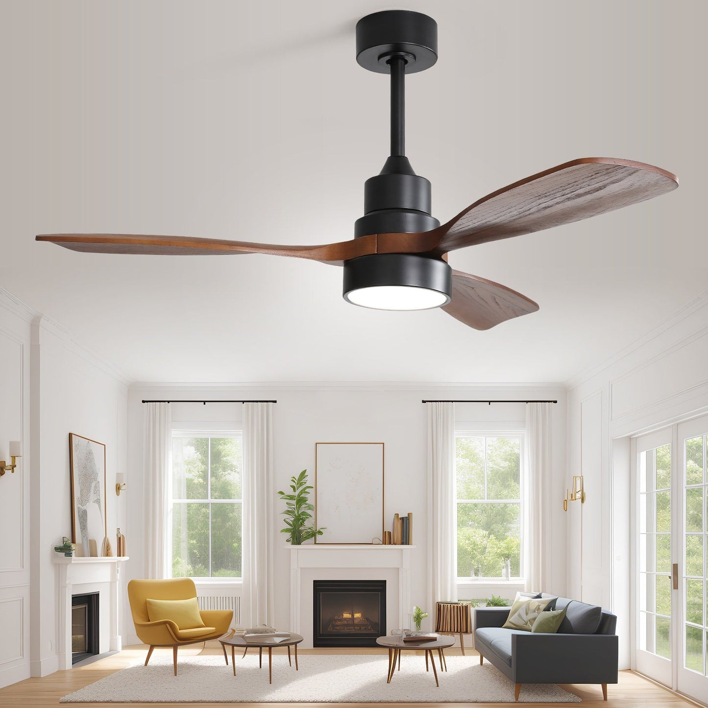 Ventilateur de plafond silencieux en bois de noyer 52/60/48 avec télécommande et éclairage intégré en option