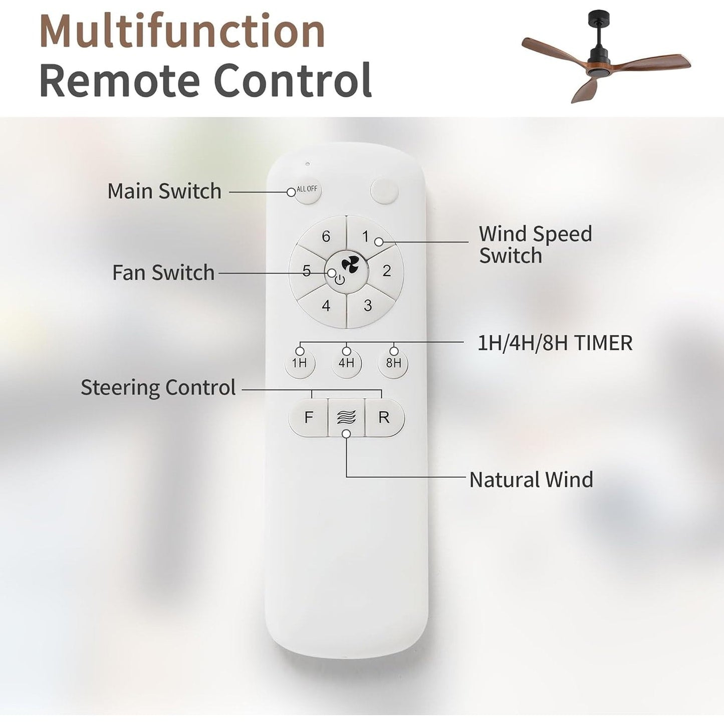 Ventilateur de plafond silencieux en bois de noyer 52/60/48 avec télécommande et éclairage intégré en option