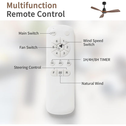Ventilateur de plafond silencieux en bois de noyer 52/60/48 avec télécommande et éclairage intégré en option
