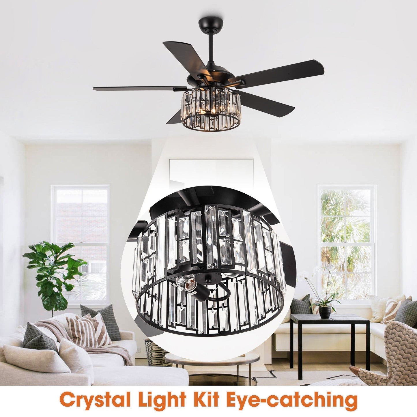 Lustre de plafond moderne en cristal et bois noir avec ventilateur et télécommande