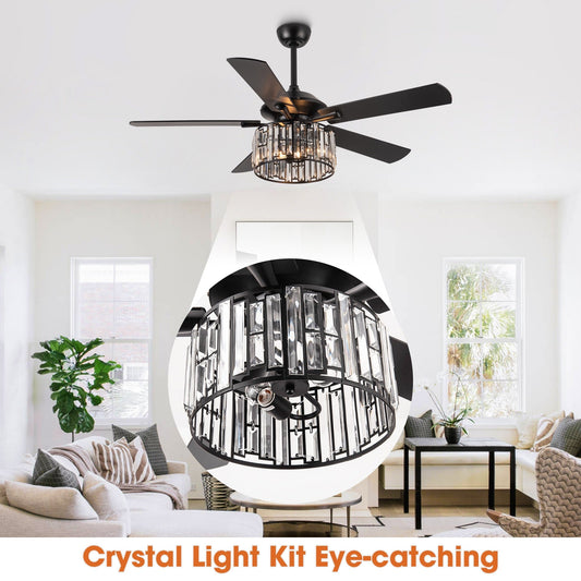 Lustre de plafond moderne en cristal et bois noir avec ventilateur et télécommande
