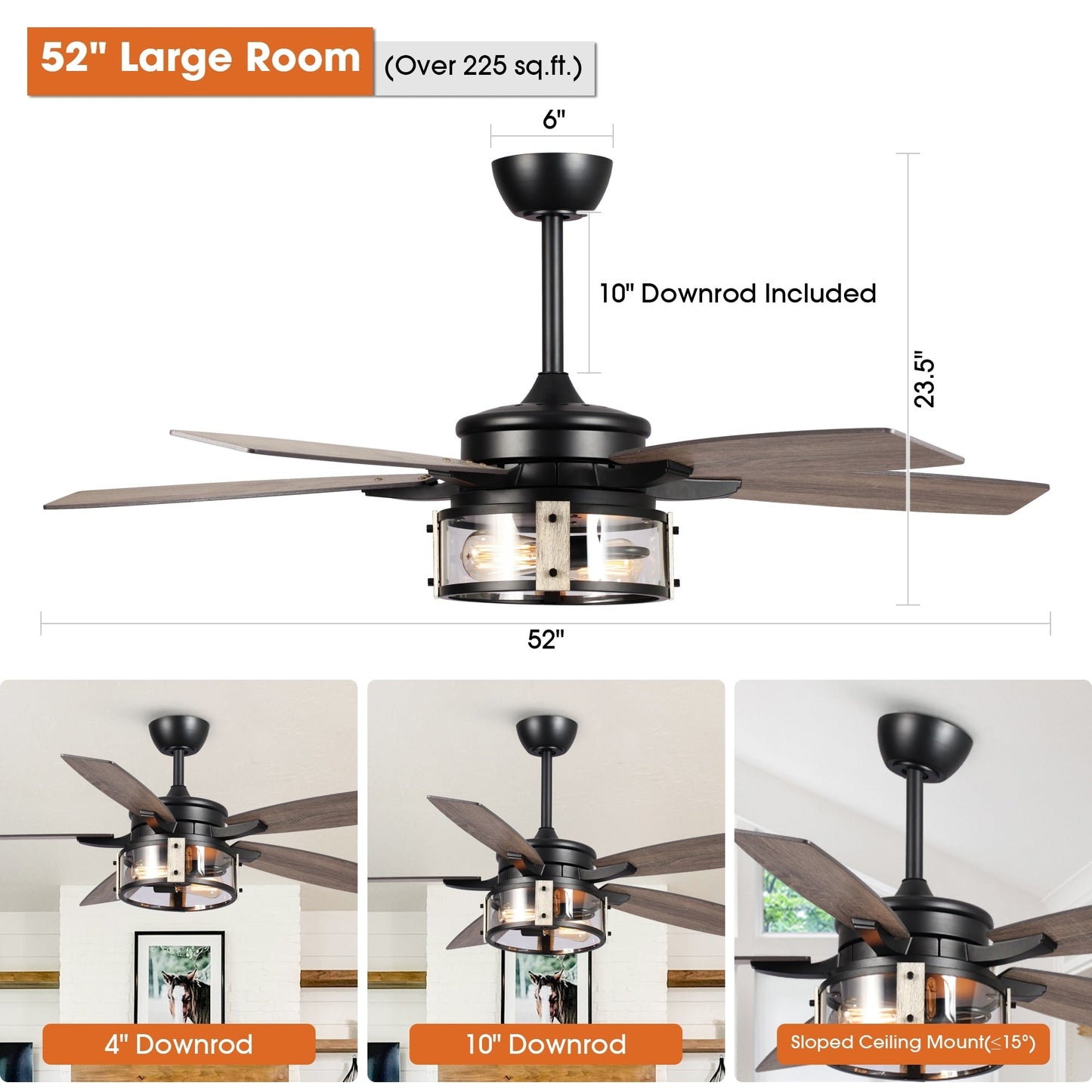 Ventilateur de plafond d'intérieur rustique en bois noir à 5 pales avec télécommande