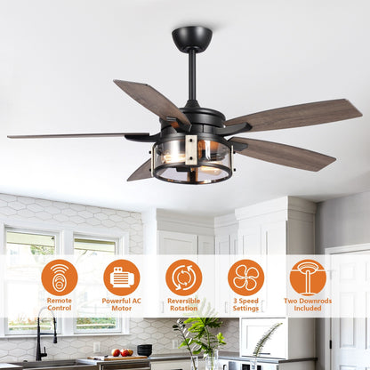 Ventilateur de plafond d'intérieur rustique en bois noir à 5 pales avec télécommande