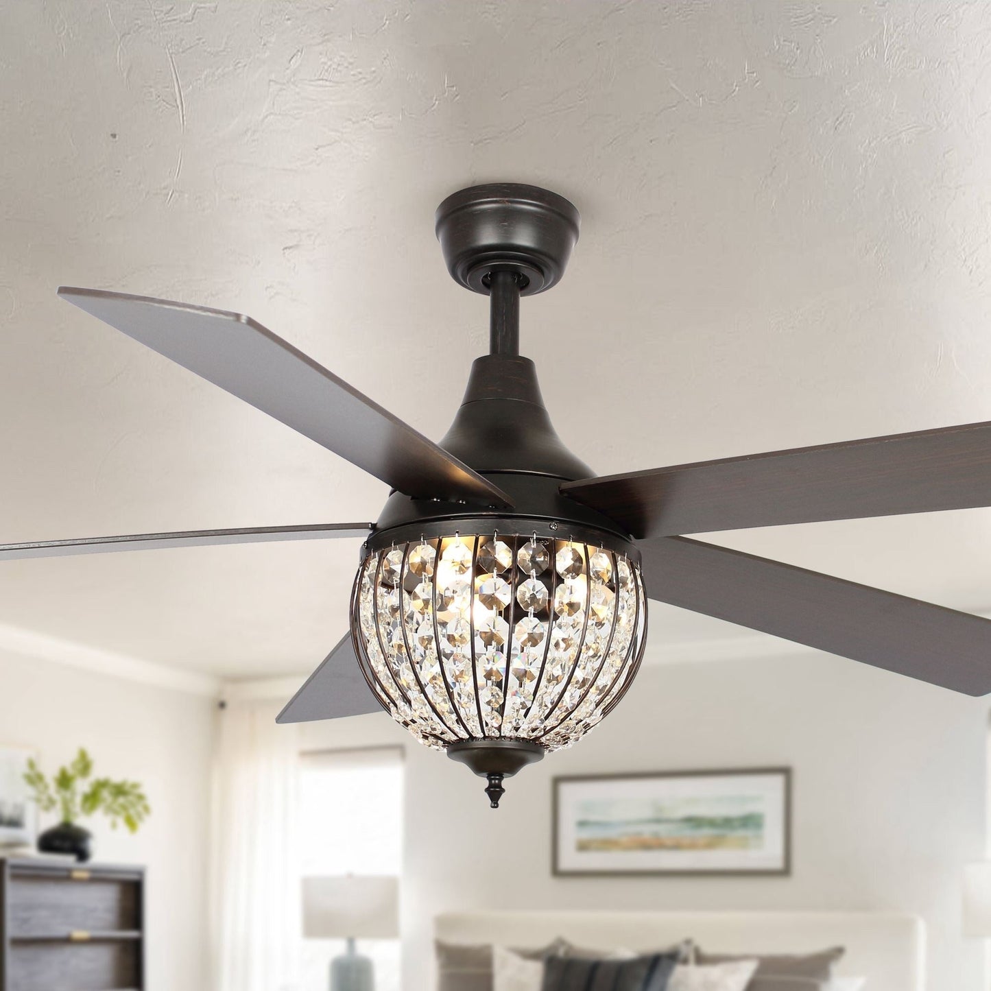 Ventilateur de plafond industriel en bois noir à 5 pales en cristal avec télécommande