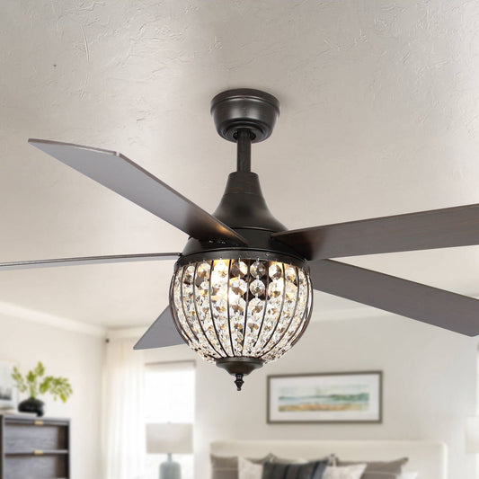 Ventilateur de plafond industriel en bois noir à 5 pales en cristal avec télécommande